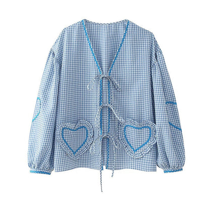 Cute Plaid Heart Print Tie Front Shirt