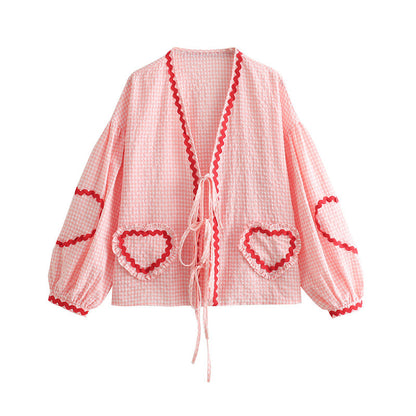 Cute Plaid Heart Print Tie Front Shirt