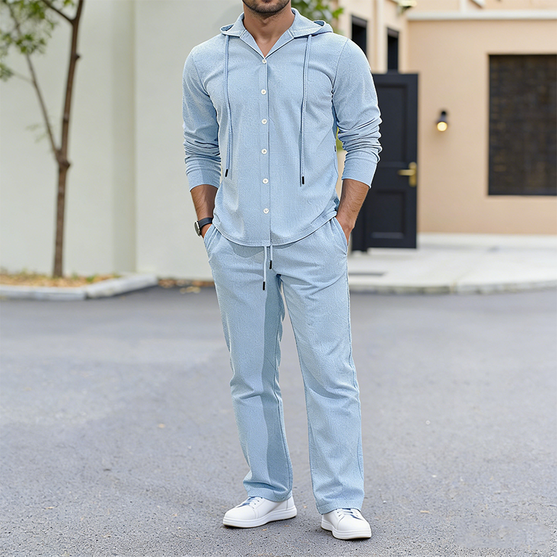 Men's 2-Piece Linen Hooded Shirt and Pants Set