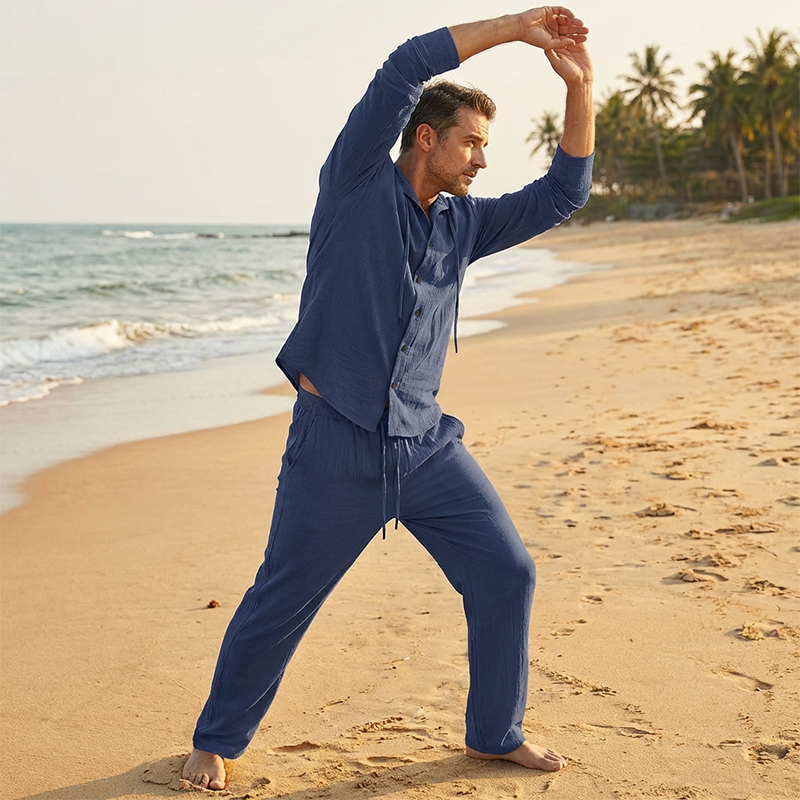 Men's 2-Piece Linen Hooded Shirt and Pants Set