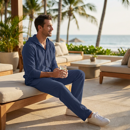 Men's 2-Piece Linen Hooded Shirt and Pants Set