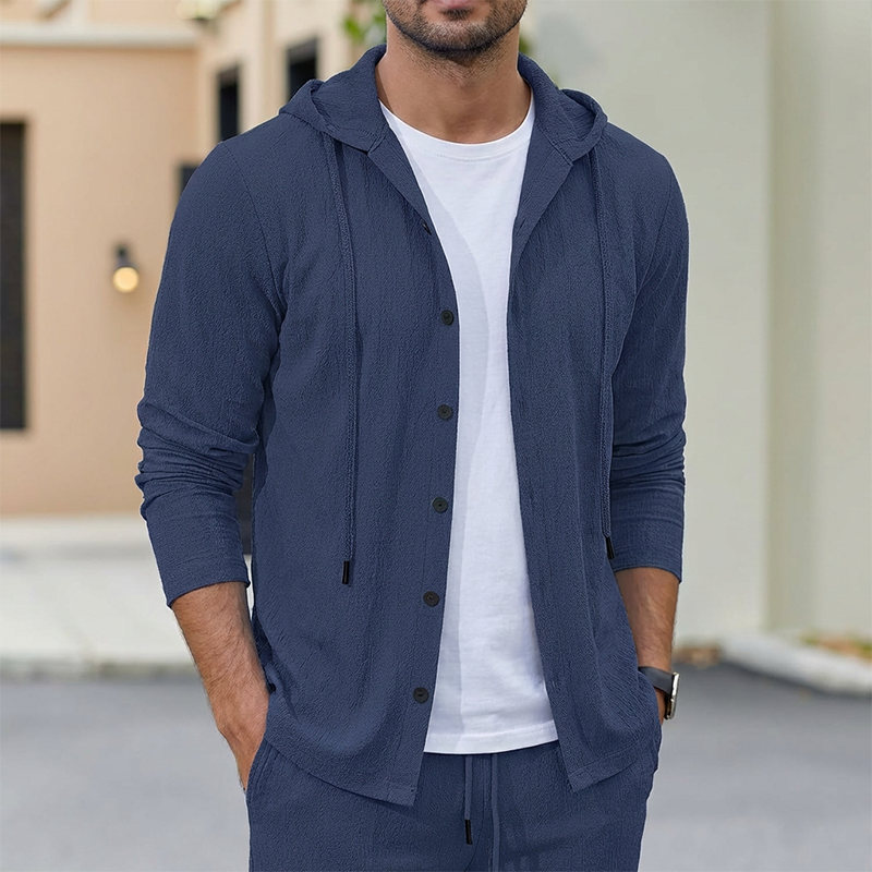 Men's 2-Piece Linen Hooded Shirt and Pants Set