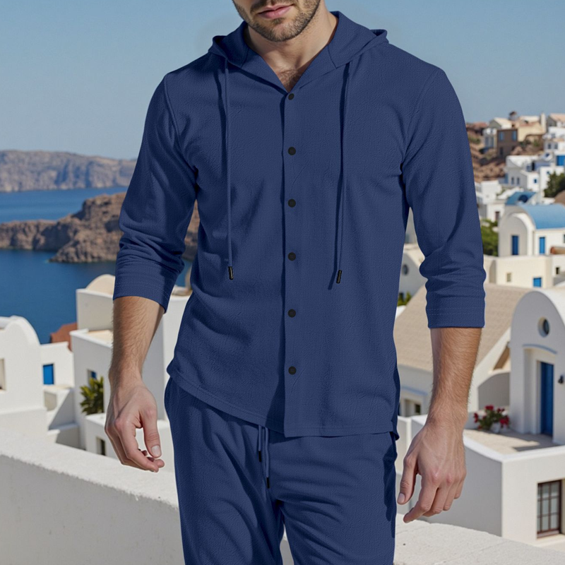 Men's 2-Piece Linen Hooded Shirt and Pants Set