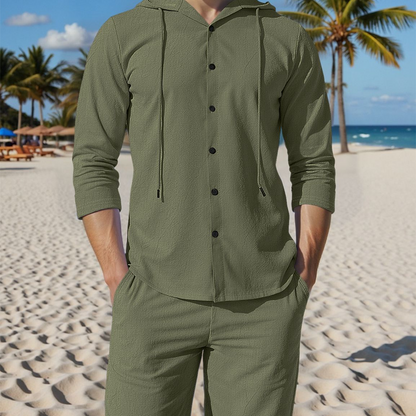 Men's 2-Piece Linen Hooded Shirt and Pants Set