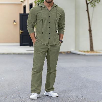 Men's 2-Piece Linen Hooded Shirt and Pants Set