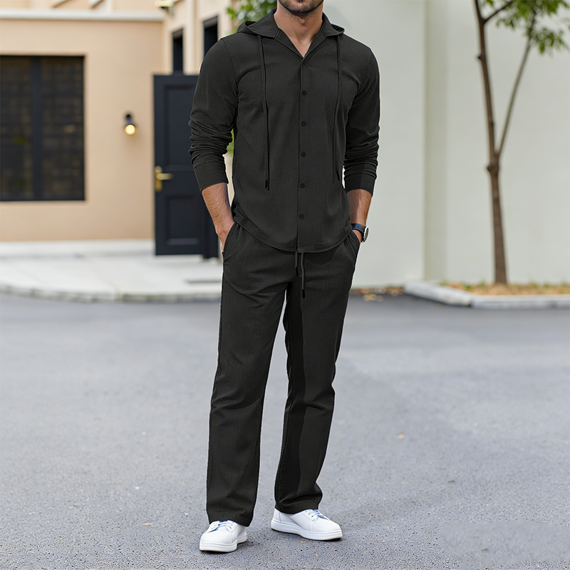 Men's 2-Piece Linen Hooded Shirt and Pants Set