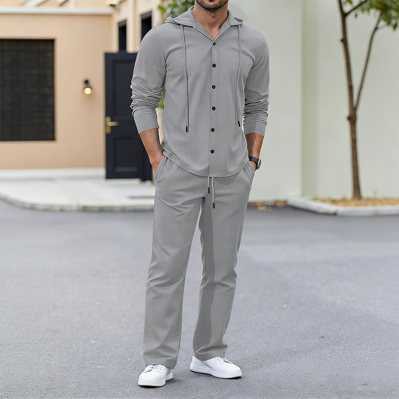 Men's 2-Piece Linen Hooded Shirt and Pants Set
