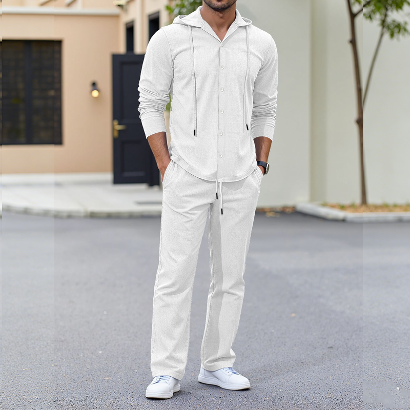 Men's 2-Piece Linen Hooded Shirt and Pants Set