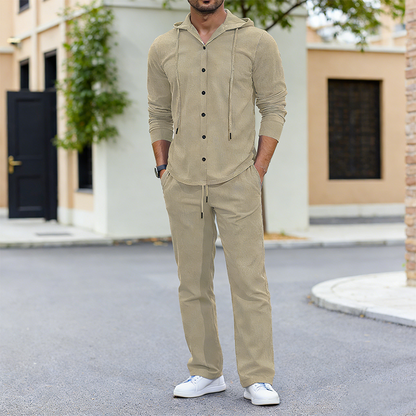 Men's 2-Piece Linen Hooded Shirt and Pants Set