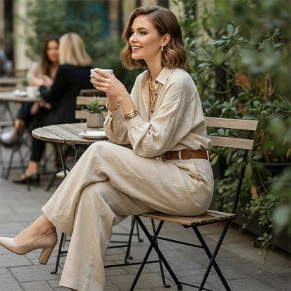 🔥🎁New arrival 49% OFF💥Women's Loose Fit Shirt & Wide-Leg Pants Two-Piece Set