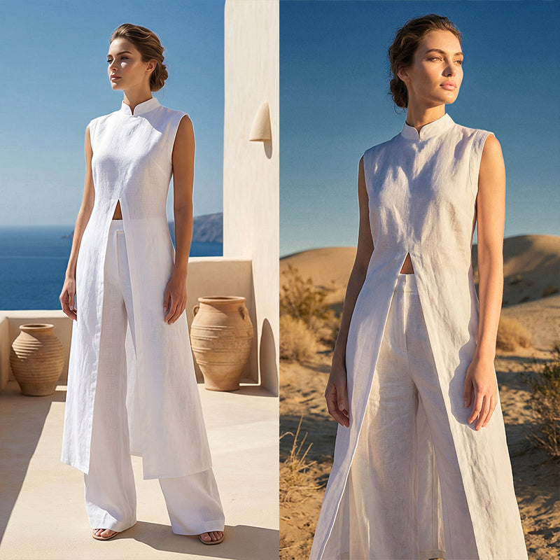 Solid High Low Split Top & Pants 2-Piece Set
