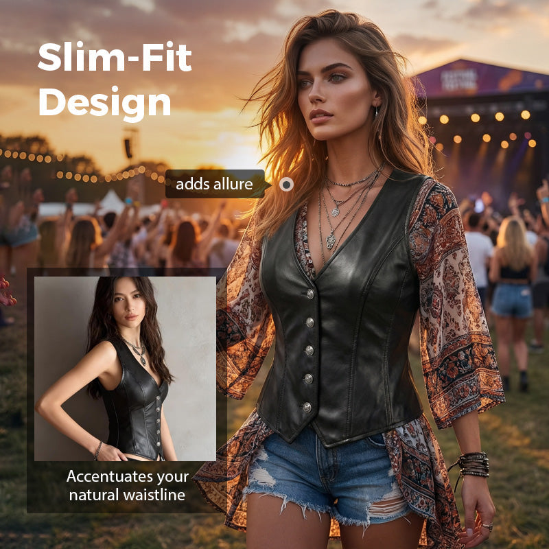 Women’s Leather V-Neck Button-Front Vest