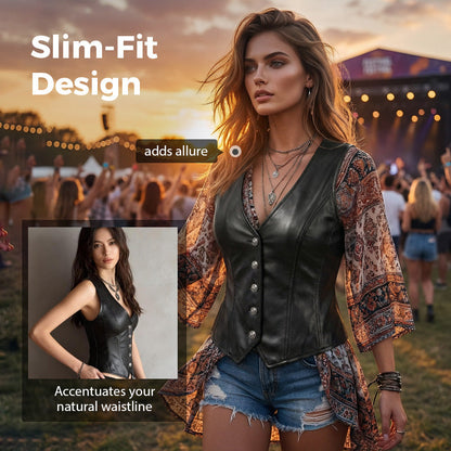 Women’s Leather V-Neck Button-Front Vest