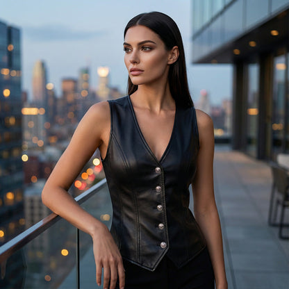Women’s Leather V-Neck Button-Front Vest