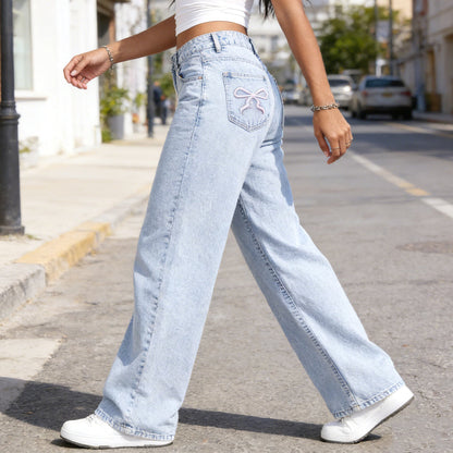 Bow Embroidered High-Waist Straight-Leg Jeans