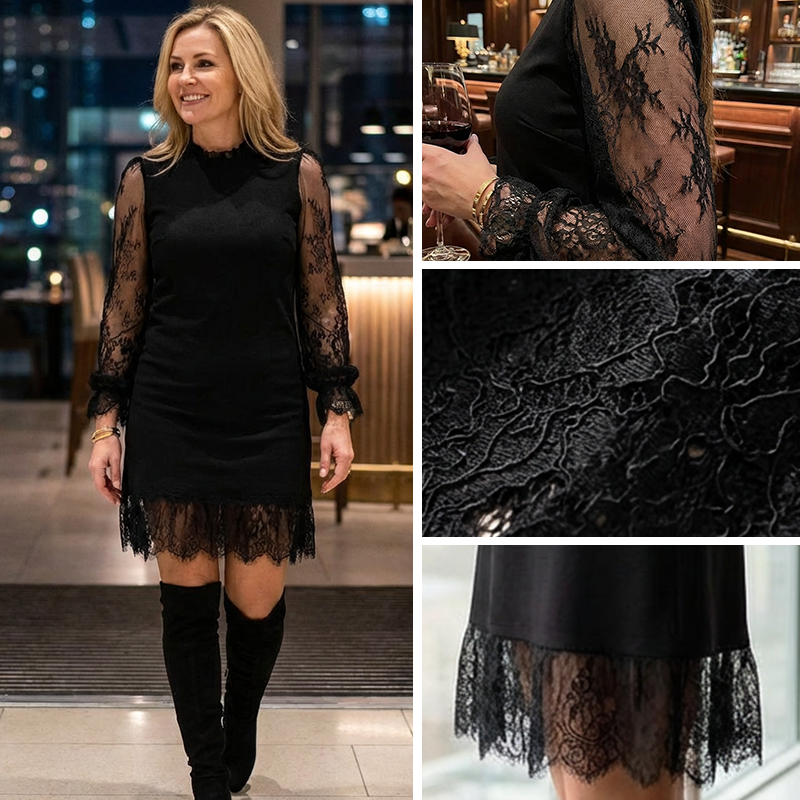 Women's Mock Neck Lace Trim Mini Dress