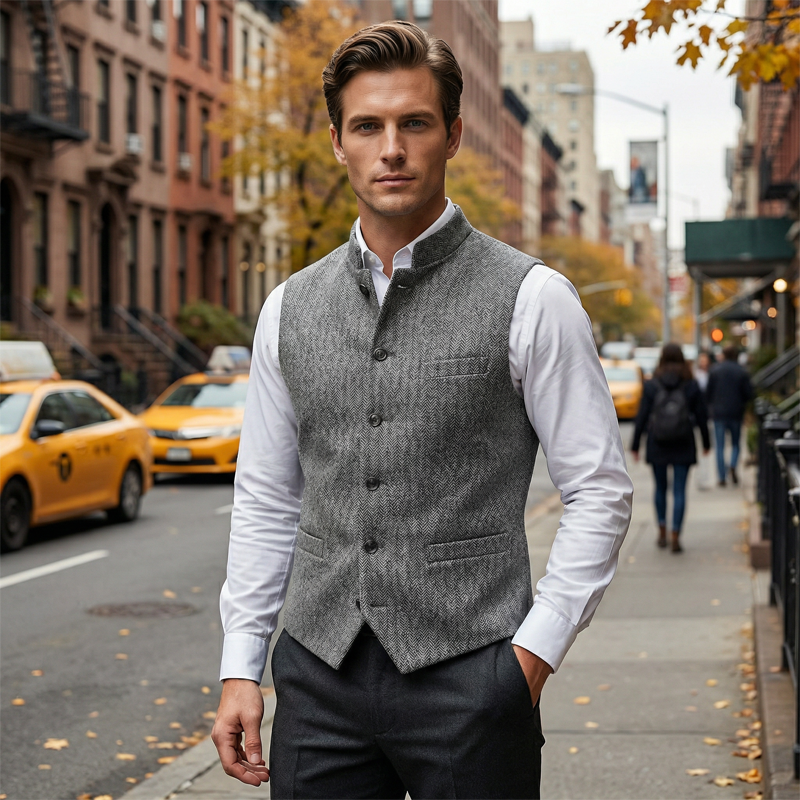Men's Herringbone Waistcoat with Stand Collar