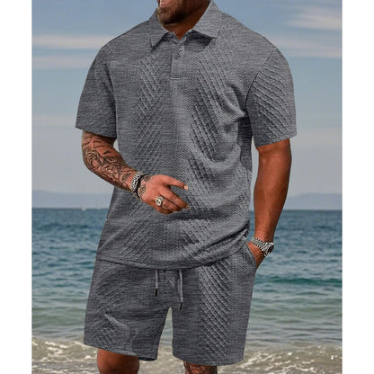 Men’s Diamond Pattern Turn-Down Collar Short Sleeve Top & Drawstring Shorts 2-Piece Set