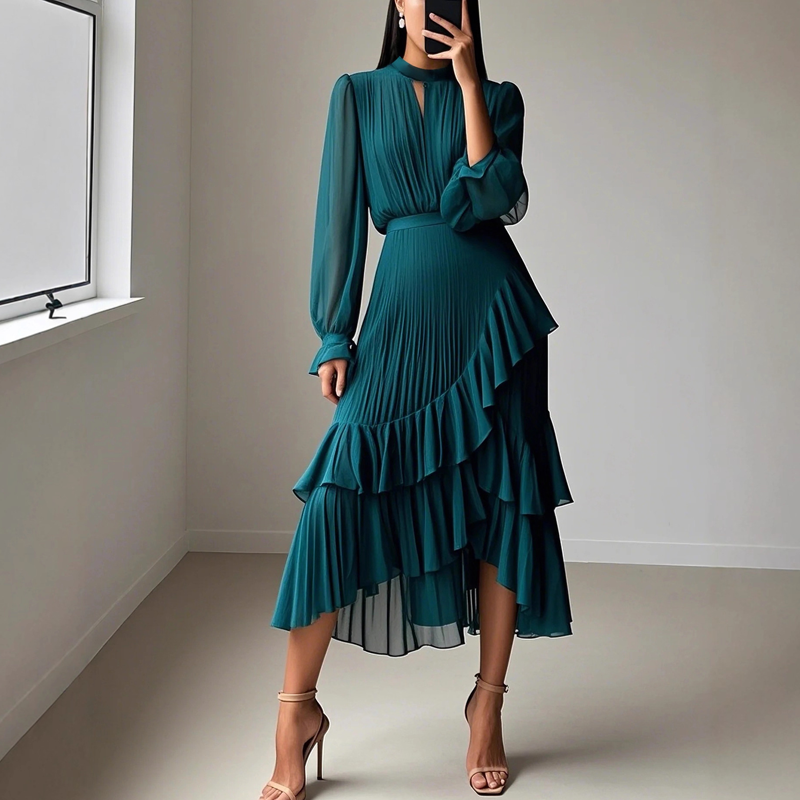 Women's Keyhole Neckline Ruffled Midi Dress
