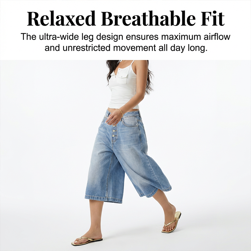 Women's Multi-Button Wide-Leg Denim Culottes