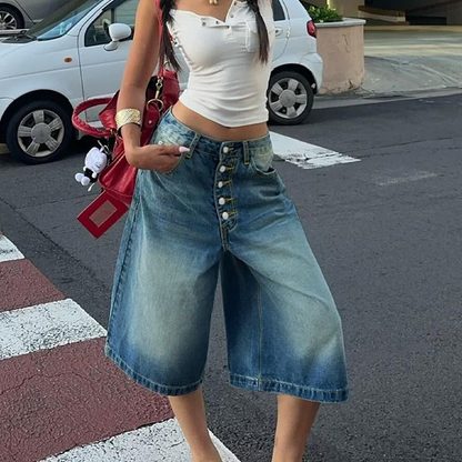 Women's Multi-Button Wide-Leg Denim Culottes