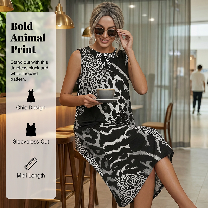 🎁New arrival 50% OFF💥Women's Leopard Print Sleeveless Midi Dress