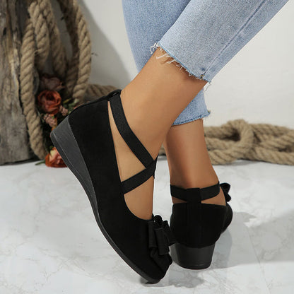 Women's Faux Suede Bowknot Cross-Strap Wedge Flats