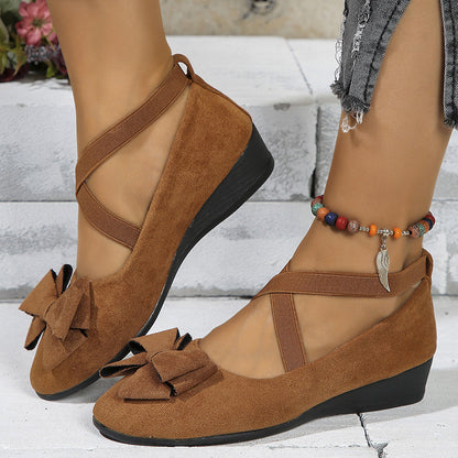 Women's Faux Suede Bowknot Cross-Strap Wedge Flats