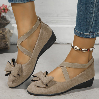 Women's Faux Suede Bowknot Cross-Strap Wedge Flats