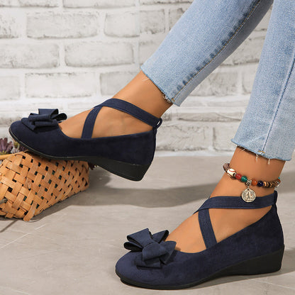 Women's Faux Suede Bowknot Cross-Strap Wedge Flats
