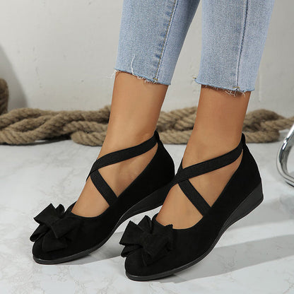 Women's Faux Suede Bowknot Cross-Strap Wedge Flats