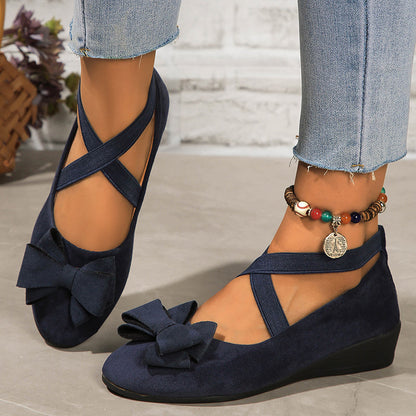 Women's Faux Suede Bowknot Cross-Strap Wedge Flats