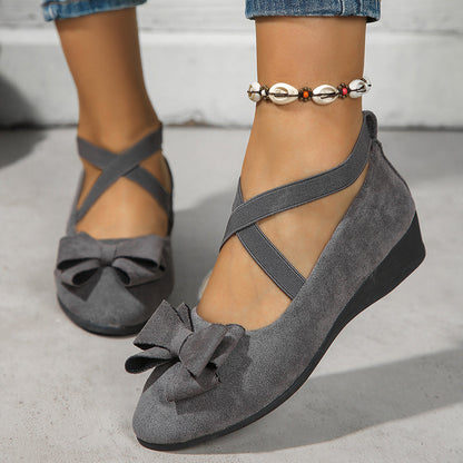 Women's Faux Suede Bowknot Cross-Strap Wedge Flats