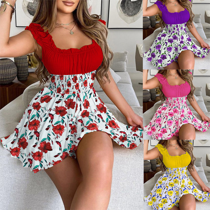 🔥💐LAST DAY SALE 50%OFF💕Summer Floral Print Smocked Waist Mini Dress