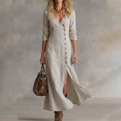 🔥Limited-time offer-Women's Long Sleeve V-Neck Button-Down Maxi Dress