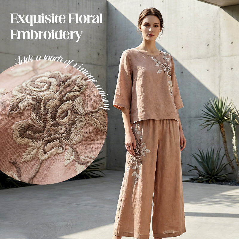 Vintage Embroidered Cotton Linen 2-Piece Set
