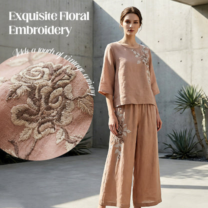 Vintage Embroidered Cotton Linen 2-Piece Set