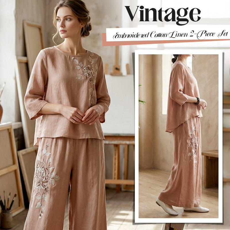 Vintage Embroidered Cotton Linen 2-Piece Set