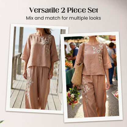Vintage Embroidered Cotton Linen 2-Piece Set
