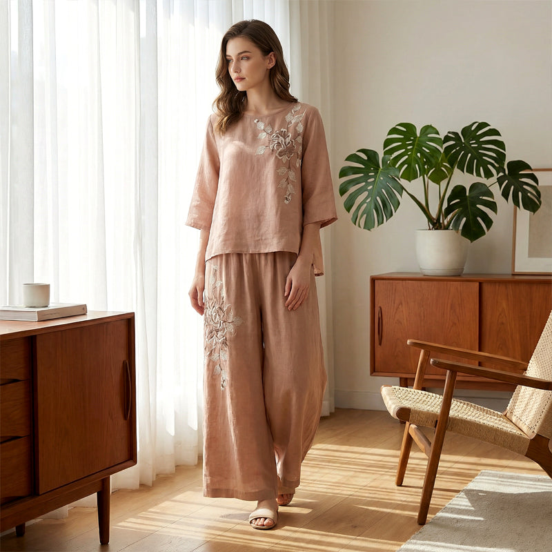Vintage Embroidered Cotton Linen 2-Piece Set