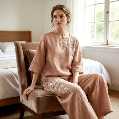 Vintage Embroidered Cotton Linen 2-Piece Set