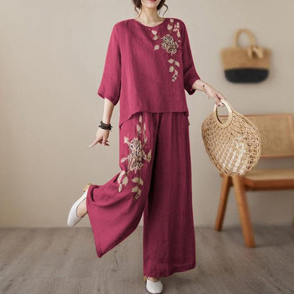 Vintage Embroidered Cotton Linen 2-Piece Set