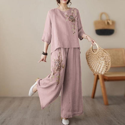 Vintage Embroidered Cotton Linen 2-Piece Set