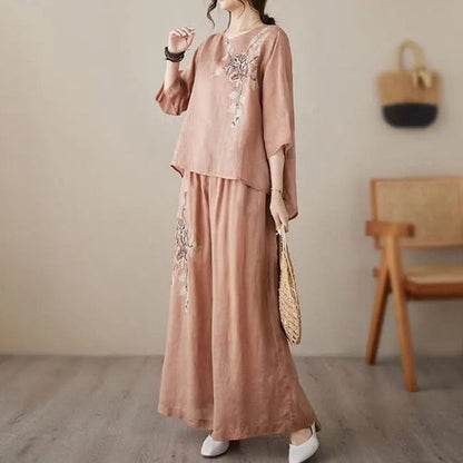 Vintage Embroidered Cotton Linen 2-Piece Set