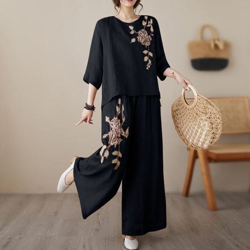 Vintage Embroidered Cotton Linen 2-Piece Set