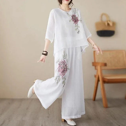 Vintage Embroidered Cotton Linen 2-Piece Set