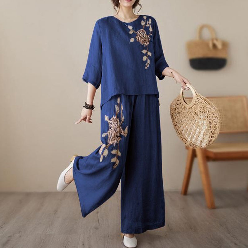 Vintage Embroidered Cotton Linen 2-Piece Set