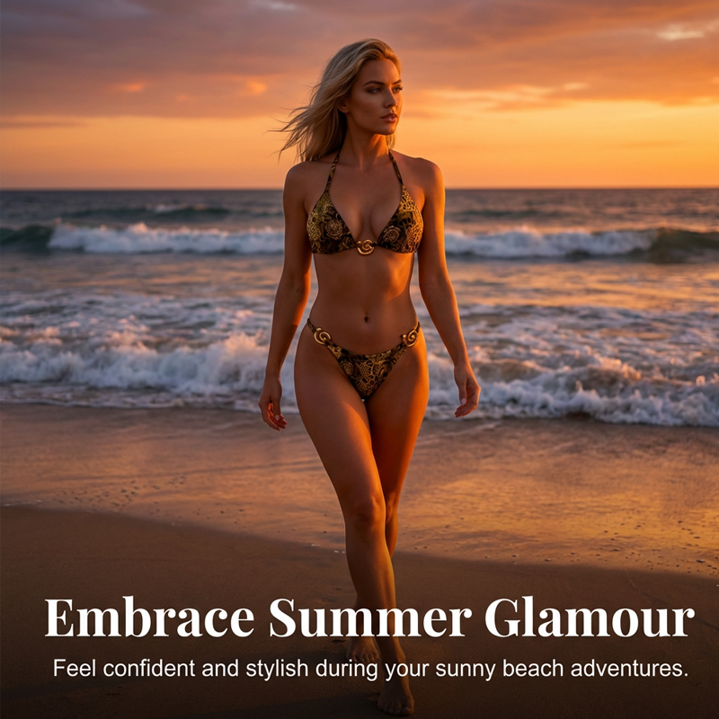 Retro Patchwork Print Bikini with Gold Accents