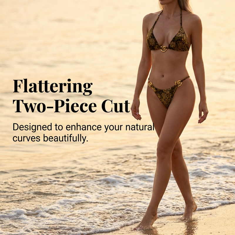 Retro Patchwork Print Bikini with Gold Accents