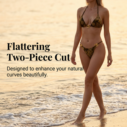Retro Patchwork Print Bikini with Gold Accents